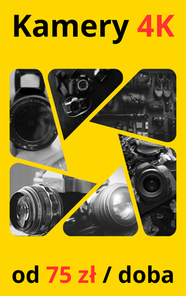 kolaz camer i obiektywów i napisy: kamery 4k od 75zł / doba