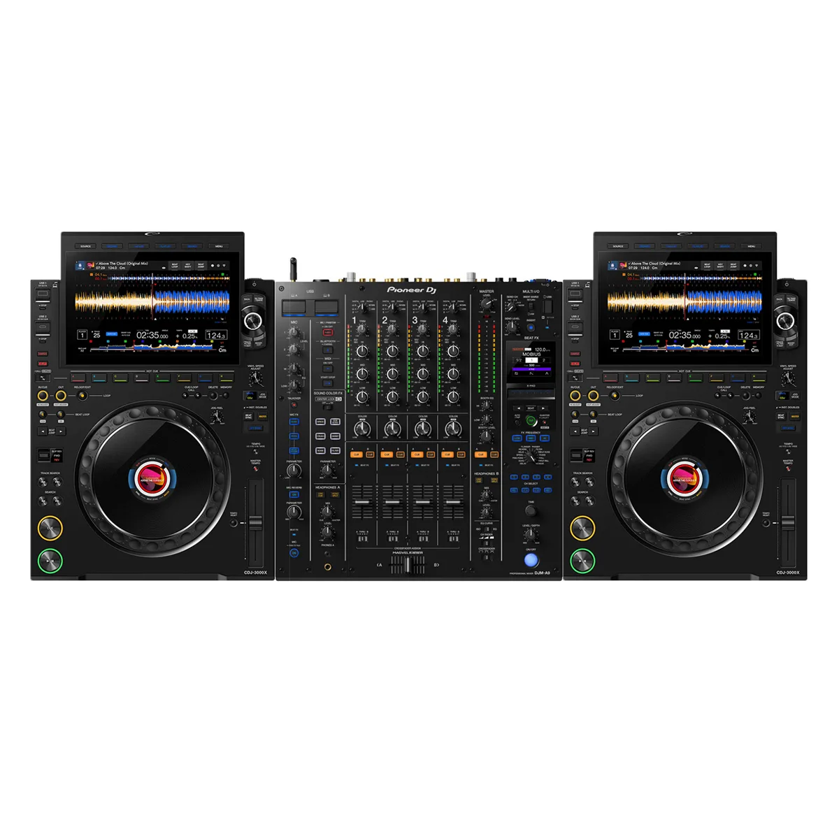 Klubowy zestaw Pioneer A9 z 2× CDJ-3000X – standardowe stanowisko DJ do wypożyczenia w Warszawie