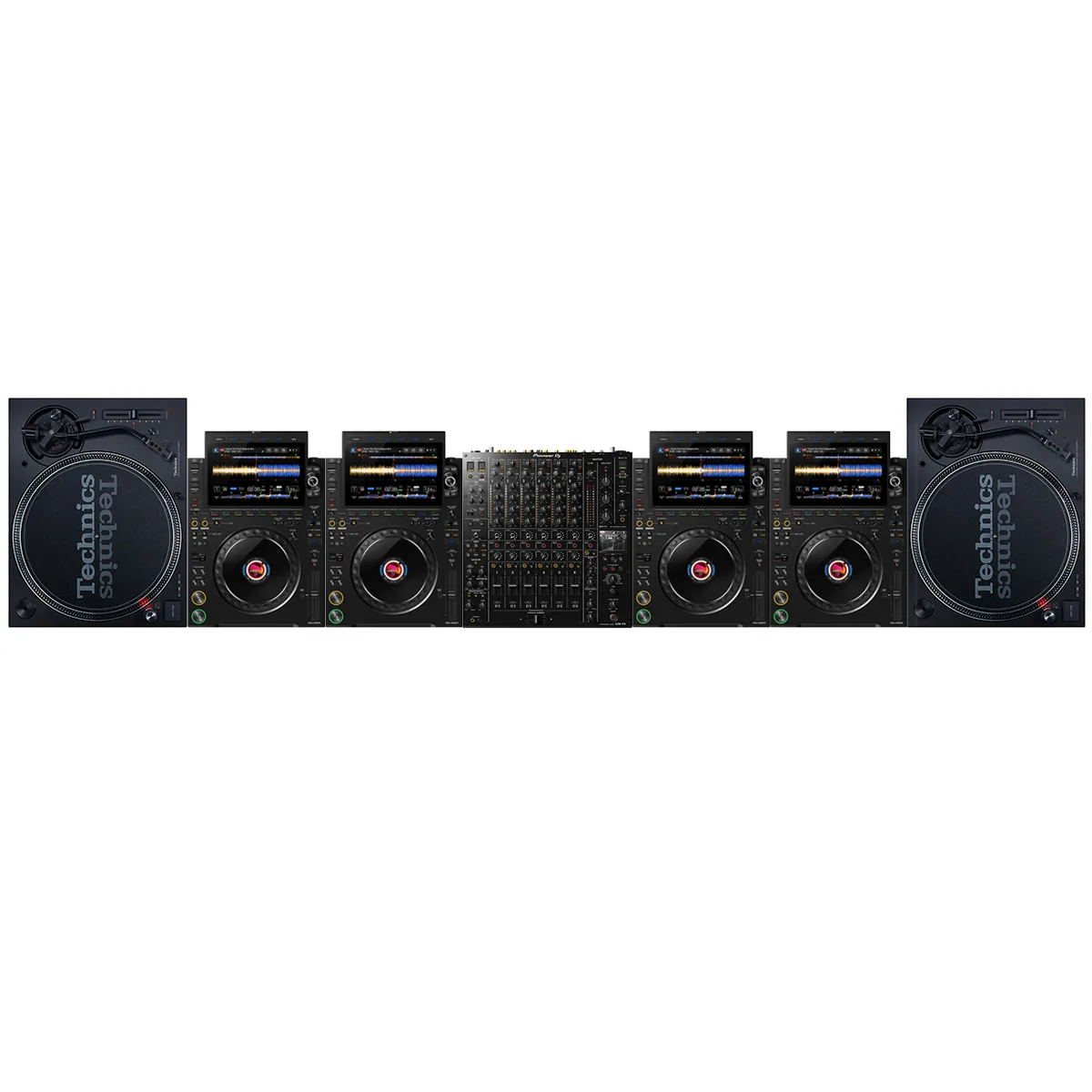 Festiwalowy zestaw DJ: mikser DJM-V10, 4× CDJ i 2× gramofony Technics – wynajem na scenę w Warszawie