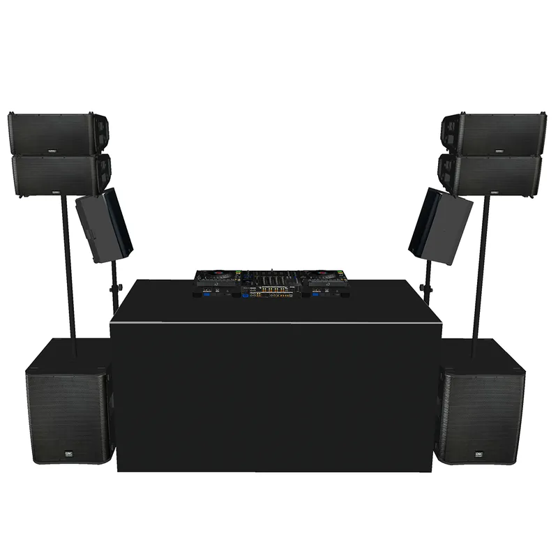 Klasyczny zestaw DJ z 2× CDJ-3000X, mikserem DJM-A9 i kolumnami QSC do wypożyczenia w Warszawie