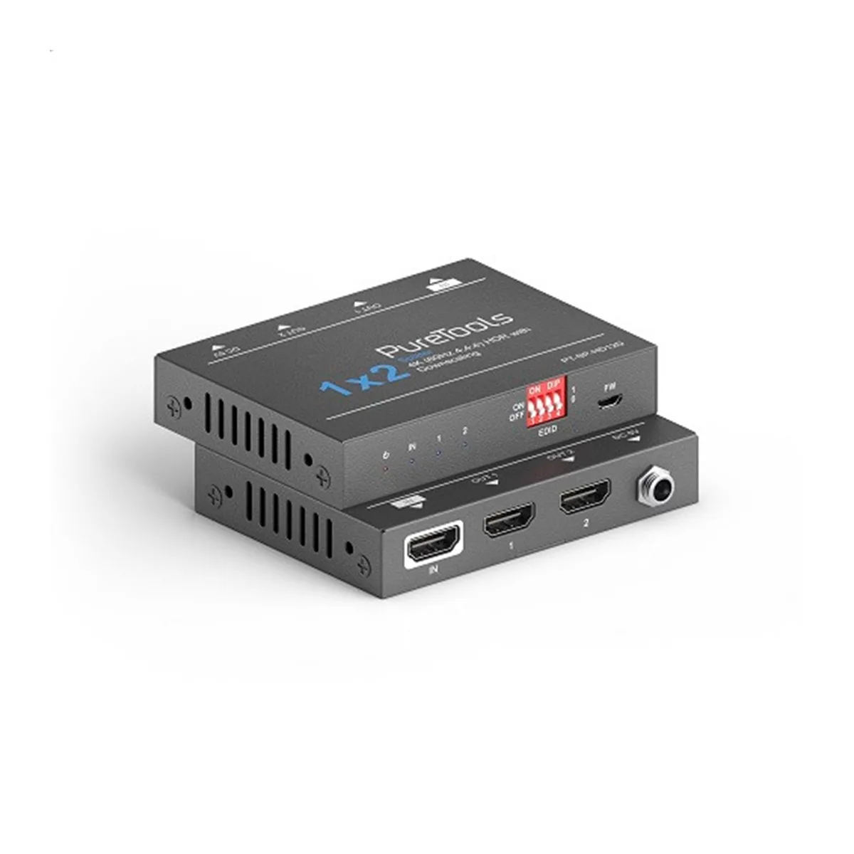 Splitter HDMI PureTools 1×2 ze skalowaniem — wynajem rozdzielenia obrazu na 2 ekrany w Warszawie